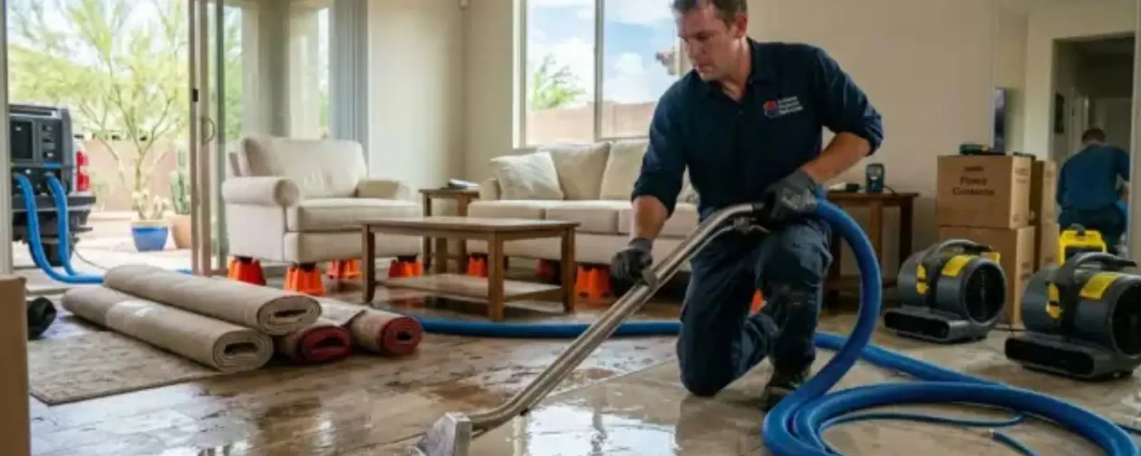 Technician with a blue extraction hose and air movers working in a living room