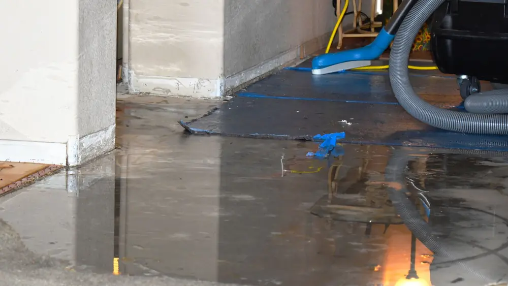 Extraction hose and equipment on a wet floor in a room