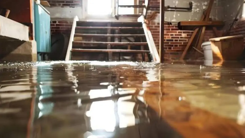 Basement stairs and brick wall with floodwater covering the floor