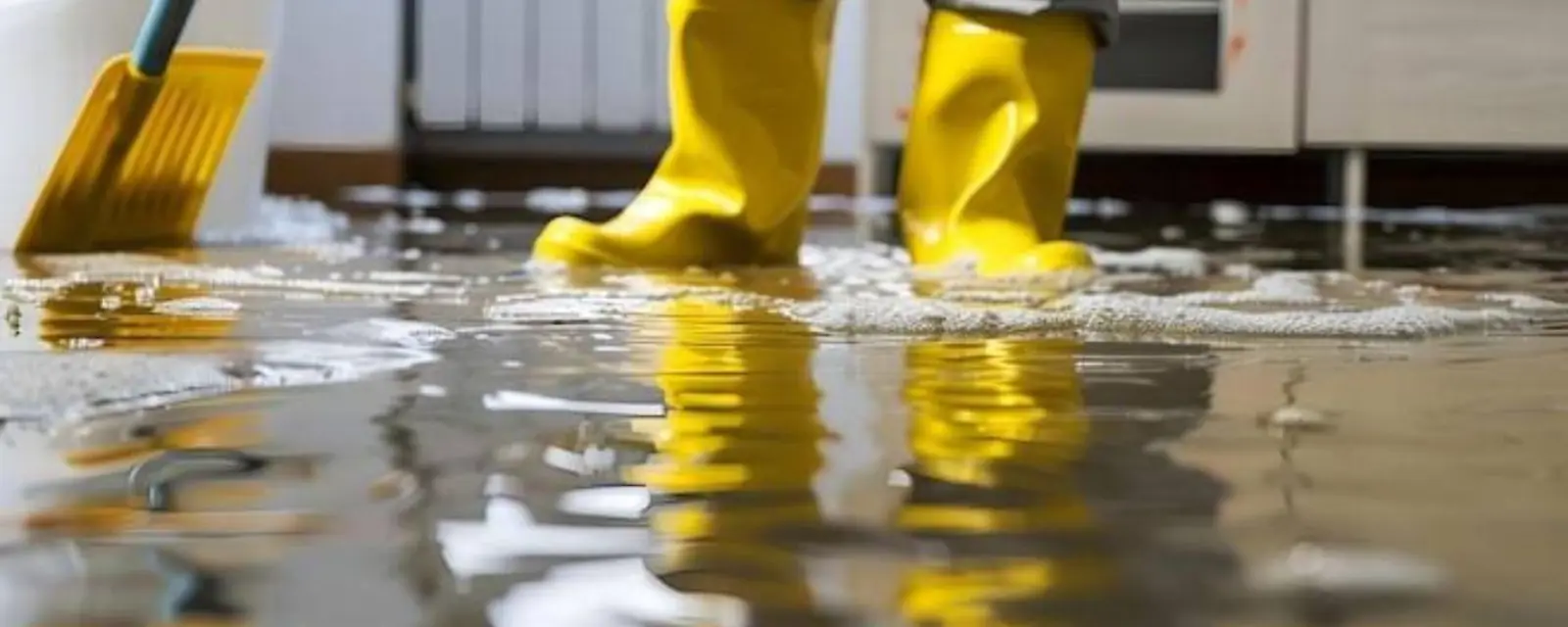 Person in yellow rain boots standing in shallow floodwater with a broom
