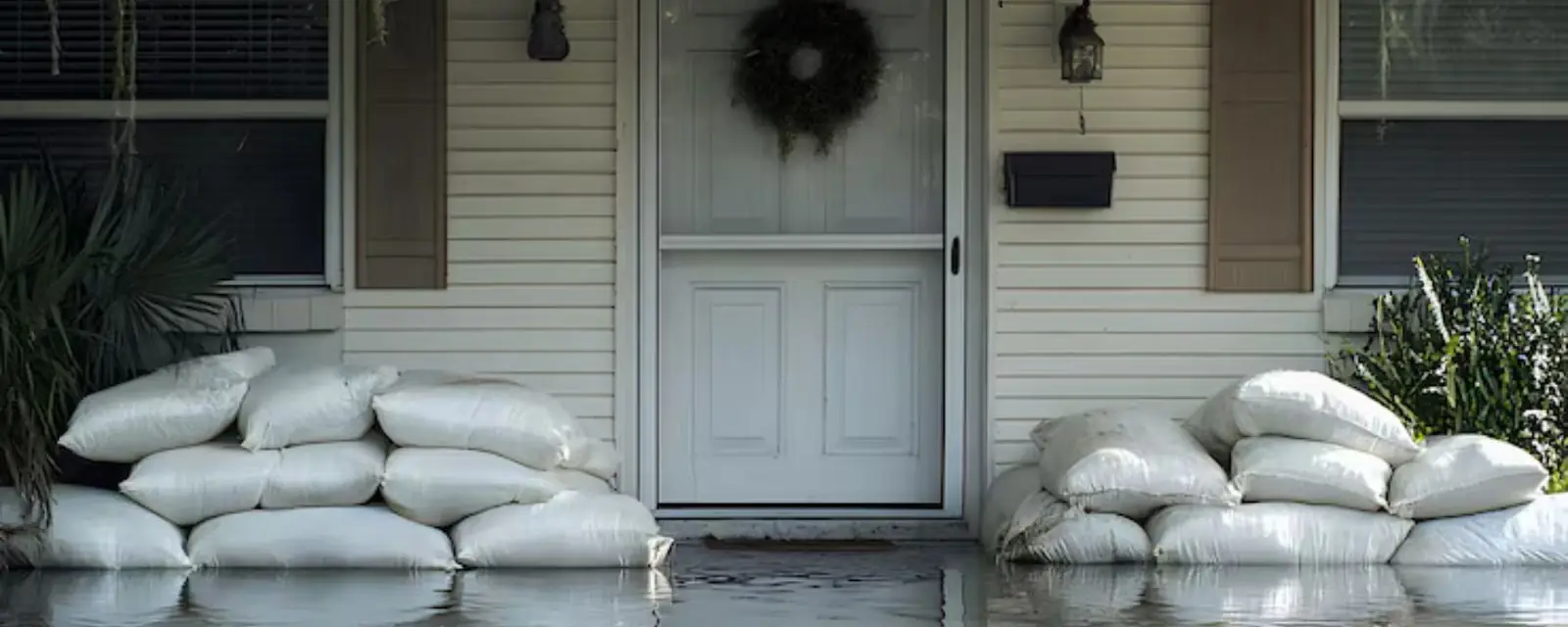 Sandbags stacked at a front door with floodwater around the house