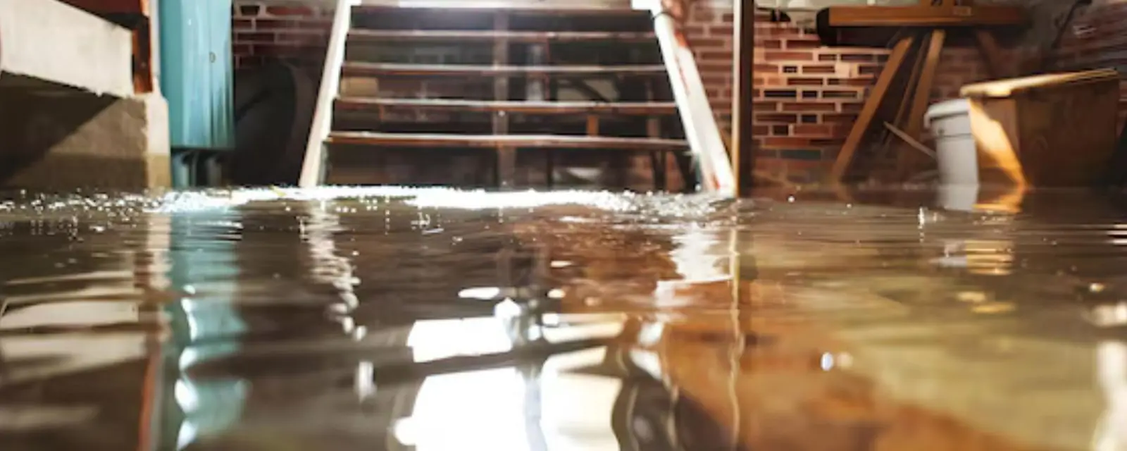Flooded basement stairs with water covering the floor
