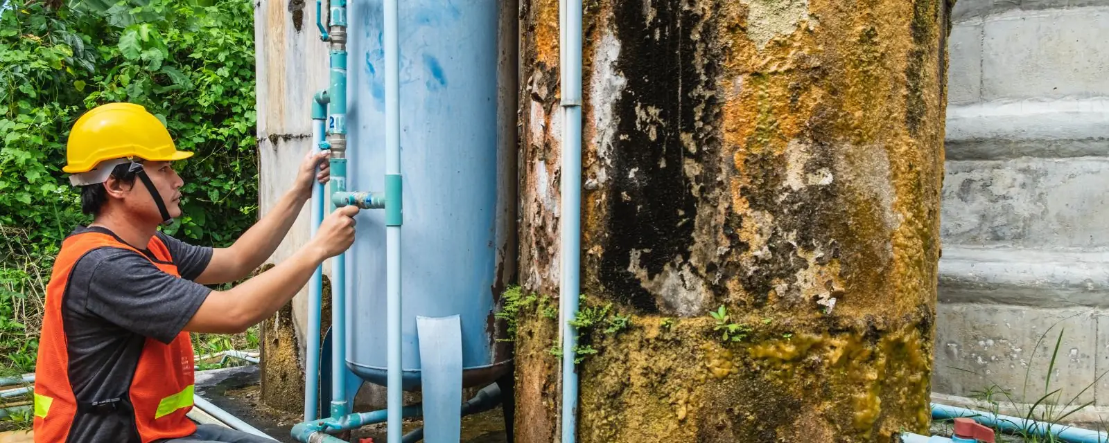 Worker in a hard hat checking a blue pressure tank and pipes beside a water system