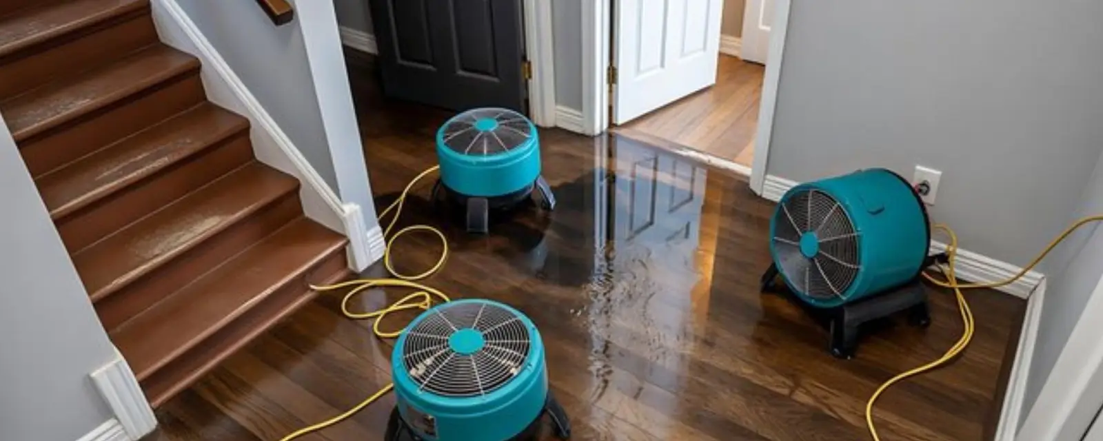 Two teal air movers drying a hardwood floor beside a staircase