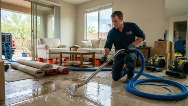 Technician with a blue extraction hose and air movers working in a living room