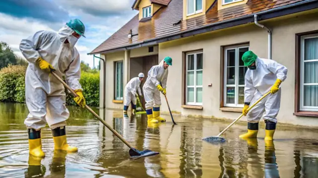 Crew in white protective suits and boots cleaning floodwater outside a house