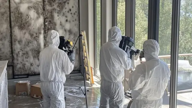 Crew in protective suits inspecting and filming mold damage in a room