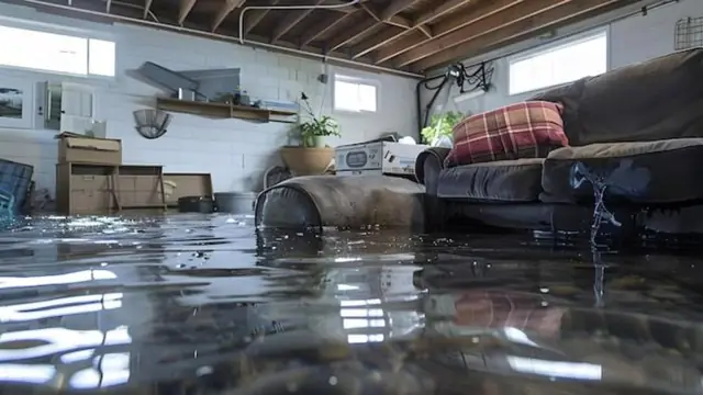 Flooded finished basement with a sofa and concrete block walls