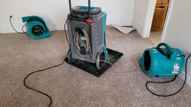 Dehumidifier and two air movers drying carpet in an empty room