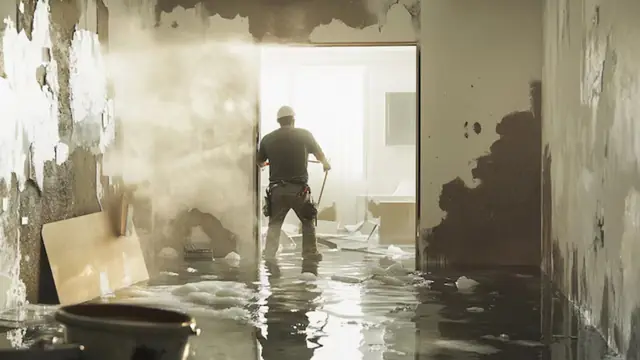 Worker standing in a room with water-damaged, peeling walls