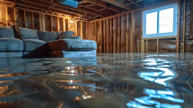 Flooded basement with exposed wall studs and a sofa standing in water