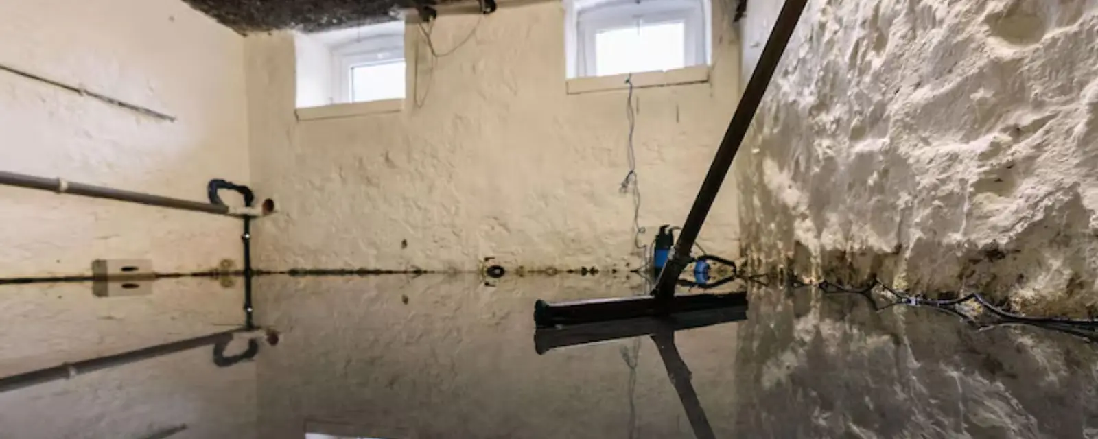 Flooded unfinished basement with a squeegee on the floor